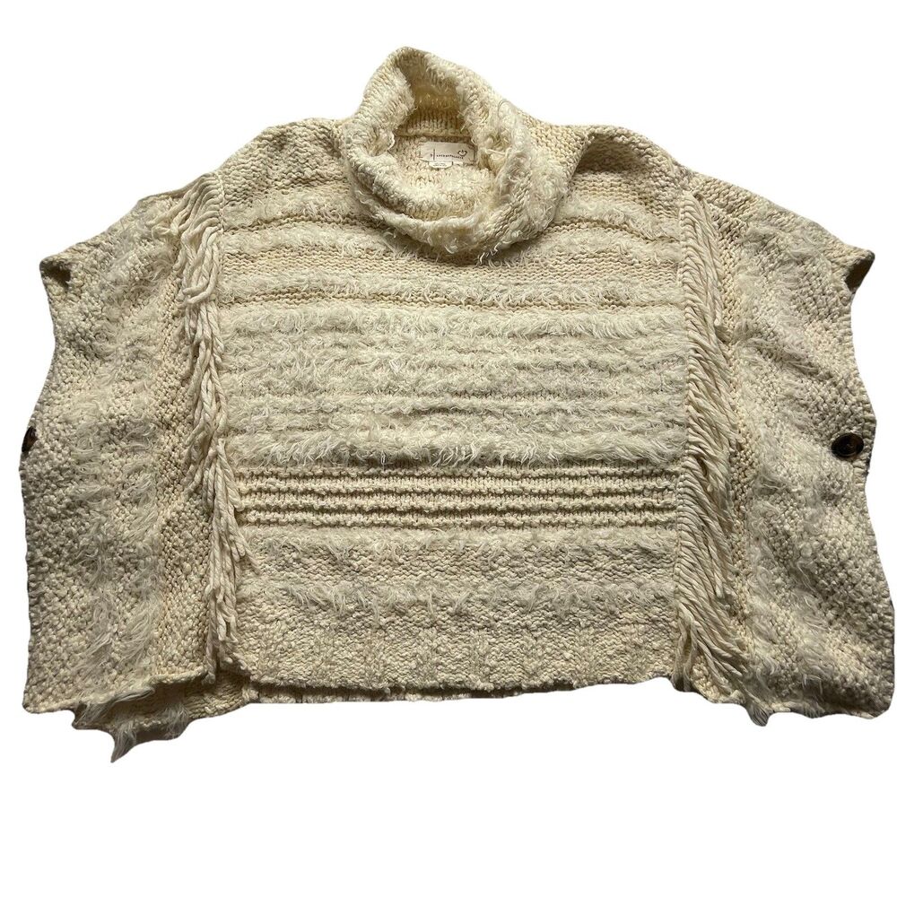 Anthropologie Fringed Boho Poncho M/L Marilyn Cream Coverup Boho Side Buttons